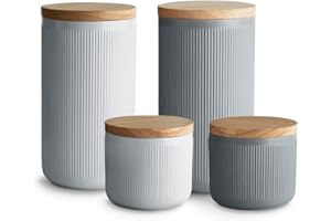 SPRINGLANE KITCHEN SPRINGLANE Contenitori per la conservazione in ceramica con strisce di coperchio in legno, coperchi in legno di gomma, contenitori per la conservazione degli alimenti (Grigio, Set 4 pz)