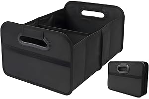XIAOHILL Foldable Car Boot Organiser - Reinforced Base, Waterproof Multi-Compartment Storage Box for Car, SUV & Lorry - Space-Saving Black Collapsible Boot Tidy with Handles