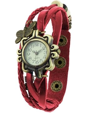 Damen Retro Leder Armbanduhr Schmetterling Quartz Strick Uhr Armreif Armband Rot