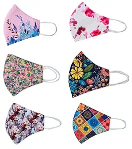 PRAMUKH FASHION Womens Cotton Fashion Mask Light Weight Breathable and Skin Friendly. Washable & Reusable Fabri Soft Spanex Ear Loops 3 Layer of Protection Set of-6