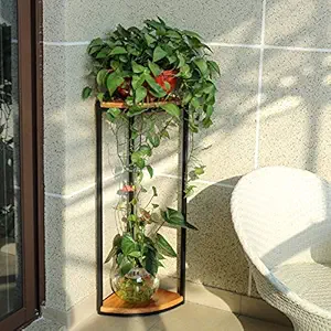Weston Crafts Wood Corner Flower Stand Metal Wood Combined Decorative Frame Living Room Balcony Rack Decorative Flower Pots,B