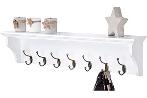 Elegant Brands Wall Mounted Coat or Towel Rack with Shelf, White Wooden and 7 Double Hooks suit hall, bathroom, kitchen and cloakroom, Richmond Range