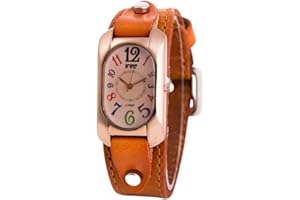 HUIANPEN LYEVA Montre Quartz Pierre Vintage pour Femme, Bracelet en Cuir Véritable, Numérique Rectangle (Orange)