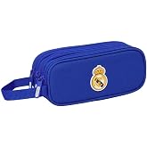 Safta | Real Madrid Double School Pencil Case, School Organizer with Two Separate Compartments and Zippers, Side Hand Handle,