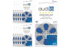 Audilo Piles Auditives 675 (PR44) Premium | pour Appareils Auditifs et Aides Auditives [Zinc Air] [1.45V] [ 0% Mercure] Lot de 60 Piles Auditives | Couleur Bleu
