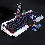 Technologie Bunte Regenbogen LED Hintergrundbeleuchtung Multimedia Ergonomische Usb Gaming Keyboard kommt mit einem Telefon Stand und Feuerzeug stehen.