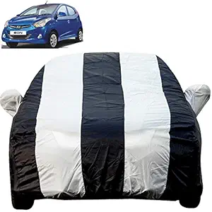 Autofact Car Body Cover with Mirror Pockets Compatible for Hyundai Eon (Triple Stitched, Bottom Fully Elastic, White , Blue Color)