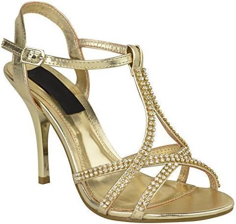 LADIES WOMENS STILETTO FASHION HIGH HEELS STRAPPY EVENING PARTY PROM BRIDAL SANDALS SHOES SIZE (UK 3 / EU 36 / US 5, Gold Metallic / Diamante)