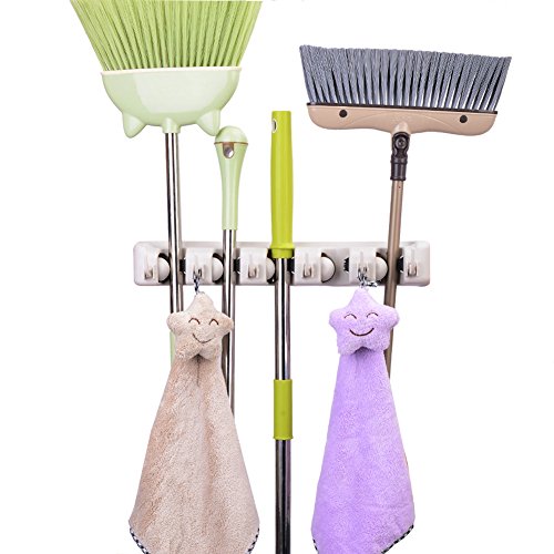Besen Mop Halter, Gerätehalter Besen und Mopp Wand montiert Veranstalter Gartenwerkzeuge Speicher Garage Speicherlösungen 5 Position mit 6 Haken von JISIMA - 2