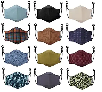 Bildos  Unisex 4 Layer Cotton Washable & Reusable with SSMMS Filter 3D Super Breathable Face Mask with Adjustable Ear Loop Without Valve (Multicolour) - Pack of 12