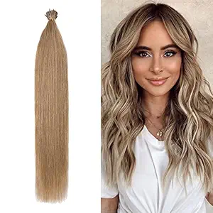 Pre Bonded Cold Fusion Hairpiece I Tip Hand-Tied Hair Extensions Human Hair Highlight Dark Blonde 22 Inch Soft Straight Remy Hair Stick Shoelace Tips?�??22?�?, 27, 50g, 100 Strands