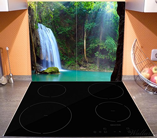 Wallario Herdabdeckplatte / Spritzschutz aus Glas, 2-teilig, 60x52cm, für Ceran- und Induktionsherde, Wasserfall im Wald am See, Idylle in Thailand - 3