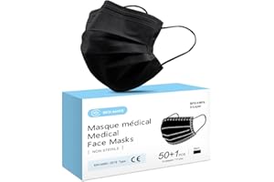 Lot de 50 + 1 Masque Noir Chirurgical médical jetable en Noir Masque de Protection Type I EN14683-2019, BFE≥95%, 3 Plis MEDI SANTÉ