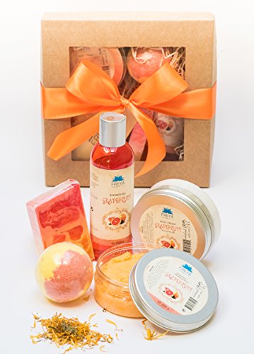 Handgefertigt Natürlich Grapefruit Geschenkset 5 tlg. Creme Salz Peeling Duschgel Seife Badebombe - Handmade Deluxe Relax Natural SPA Gift Set Grapefruit