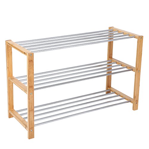 Songmics Schuhregal Schuhablage Schuhständer Schuhschrank Bambus-Edelstahl Badregal Regal 3 Etagen 80 x 50 x 30 cm LBS03N