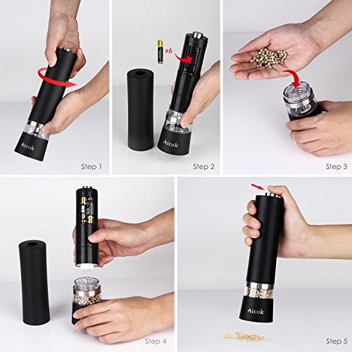 Aicok Salz und Pfeffermühle, Elektrische Gewürzmühle mit einstellbarer Feinheit 2er Set, Schwarz - 3