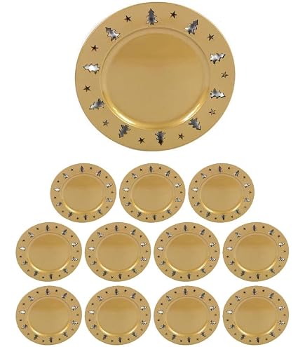 Sottopiatti Natalizi Tondi Da 33 Cm Con Incisione Albero Di Natale, Bordo Oro, Set Da 12 - Per Tavole Feste