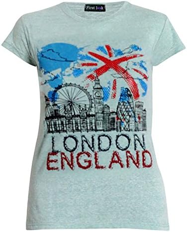 Summert-Shirts Souvenir London Eye Sketch Printed Diamante Artwork Union Jack DesignerCity Iconic Images Cool Tee Sknny Fit Top (S-6/8,M-8/10,L-10,XL-12 (Mint Green, Small (UK 6-8))