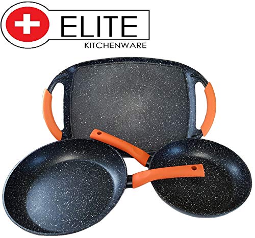 ELITE KITCHENWARE Juego de sartenes y Plancha antiadherentes Revestimiento Piedra inducción 24-28
