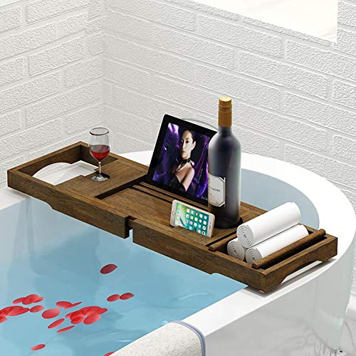 Preisvergleich Produktbild JIANGJIE Badewanne Caddy Tablett Bambus Luxus Einstellbare Wasserdichte Dusche Lesegestell, Tablet-Halter, Handy-Tray und Weinglashalter