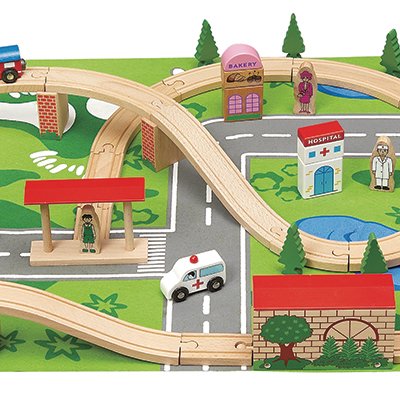 Wooden Car & Train Set Inc. Raised Roads 50pcs