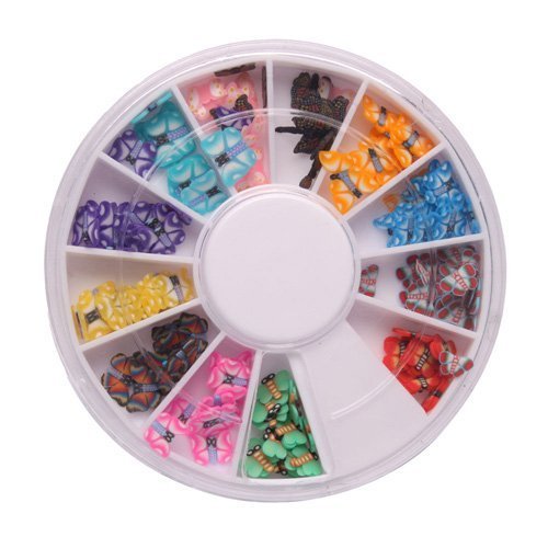 SODIAL(TM) 144 Pcs 12 Color 3D Butterfly Shaped Nail Art Fimo Slice Slices Decal Pieces Decoration w/ Wheel