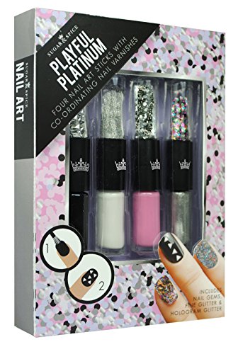 S&S 4pk Playful Platinum Textured Nail Varnish + Nail Art Sticks (Hologram Glitter, Nail Gems + Fine Glitter) Gift set