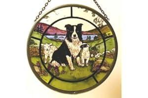 WINGED HEART PRESENTED BY CELTIC GLASS DESIGNS Decorative Hand Printed Stained Glass Window Sun Catcher/Roundel in a Collie Dog and Lambs Design.