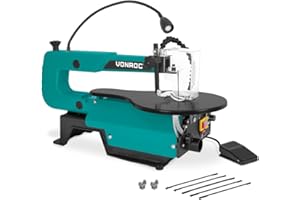 VONROC Scie à Chantourner VONROC 120W – Table Inclinable 0°-45°, Vitesse 400-1600 tr/min – LED, Pédale & Soufflerie – Pour Bois, Plastique & Métaux Fins