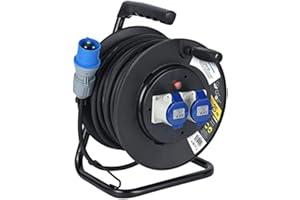 Electraline 49049 Prolunga in Gomma con Avvolgicavo 25 m, 2 Prese Industriali IEC, Spina a 3 Poli CEE Adatto per Camper, Campeggio, Caravan, Barca, Can, Nero/Blu