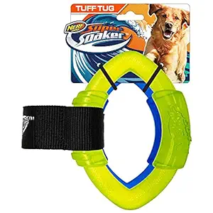 Nerf Dog 13in TPR Football Ring Tug Transparent Blue/Green/Black Nylon Strap, (6005)