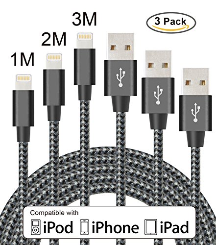 Flashstye 3 Pack 1M 2M 3M iPhone Charger Nylon Braided Lightning to USB Cable Apple lightning cable for iPhone 7 Plus 6S Plus 6 Plus SE 5S 5C 5, iPad 2 3 4 Mini, iPad Pro Air, iPod.(Black Gray)