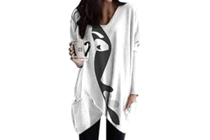 Minetom Langarmshirt Damen V-Ausschnitt Druck Lose Langarm Oberteile Oversize Lang Sweatshirt Tops Asymmetrisch Saum Jumper Pullover Mit Taschen