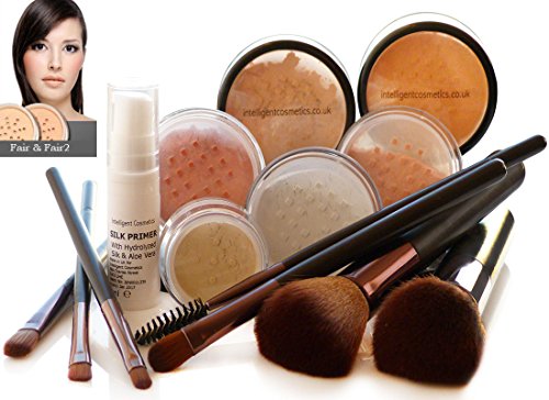 LIGHT SKIN Mineral Makeup Foundation 14 Piece COMPLETE SET Pure Natural Minerals With Organic Silk Primer, Full Cover by Intelligent Cosmetics®