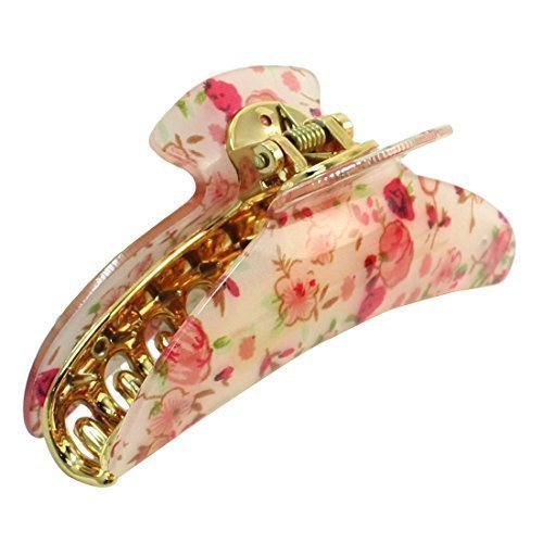 Pink Red Florals Pattern Spring Loaded Hair Claw Clip Beige for Ladies