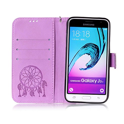 SKYXD für Samsung Galaxy J3 2016 J320FN Hülle Leder Traumfänger Blumen Drucken Muster,Brieftasche Klappbar Glitzer Strass PU Folio Schutzhülle [Kartenfach / Magnet / Standfunktion / Trageschlaufe] Inner Silikon Klapphülle mit [Handyanhänger + Eingabestift] 3 in 1 Zubehör Handy Tasche Etui for Samsung Galaxy J3 2016 J320FN Bookstyle Flip Case Leather Cover With [Stylus and Dust Plug]- Violett - 5