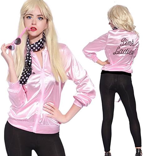 Mythgiftuk Pink Ladies Jacket Rhinestone Party Fancy Dress 1950s Costume with Scarf- Size Medium