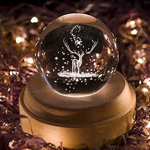 Juflix 3D Crystal Ball Music Box The Deer Luminous Rotating Musical Box with Projection LED Light and Wood Base Best Gift for Birthday Christmas (Deer)