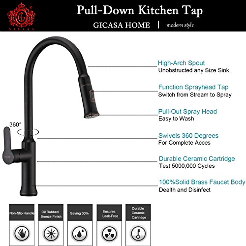 GICASA Commercial Style High Arc Pull Down Bronze Waschbecken Wasserhähne, Single Handle Pull Out Sprayer Edelstahl Öl gerieben Bronze Küchenarmatur - 5