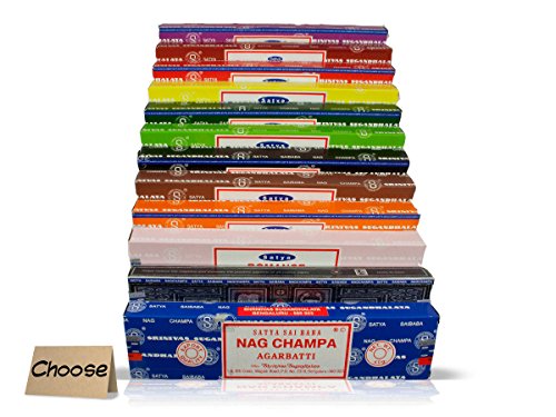 Satya Sai Baba Räucherstäbchen-Mix, enthält Nag Champa, Rose, weißer Salbei, Patchouli, Sandelholz, Tulsi, Lavendel, Moschus, Opium, Jasminblüten, Champa und Vanille, 12 x 15 g Boxen