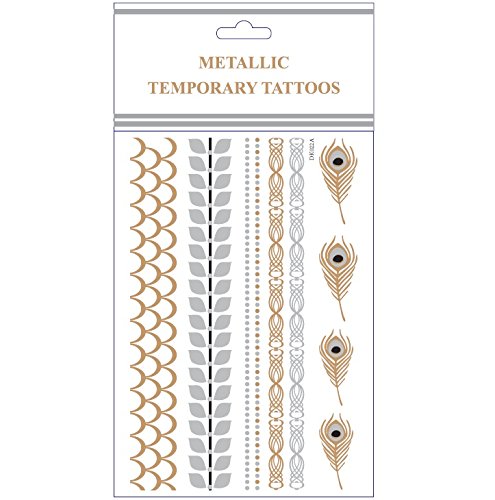 CrazyGadget® Metallic Temporary Tattoos Silver Gold Black Colour Flash Body Jewellery Necklace Bracelets Sticker Sheet (Design 004)