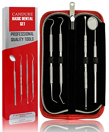 CANDURE® - 4 Stück Dental Set - Berechnung Plaque Zahnsteinentfernung Zahnschaber - Zahnreiniger Scaler - Sonde Zahnpflege Edelstahl Instrument - Calculus Plaque Entferner - dental instrumente - Zahnreinigung Sonde - Tartar Scraper Scaler Instrument Zahnstocher und Mundspiegel für Zähne Whitening Deep Teeth - dentale spiegel - Doppelköpfiger Probe