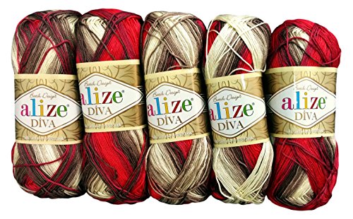 5 x 100 Gramm Alize Batik Wolle bordeaux rot beige braun mit Farbverlauf, Nr. 4574, 500 Gramm merzerisierte Strickwolle