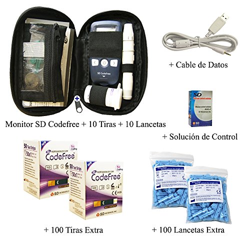 SD Codefree - Estuche que contiene Monitor de Glucosa, 10 Tiras, 10 Lancetas - Más 100 Tiras y 100 Lancetas Adicionales, Cable para Software Gratuito SD y Solución de Control para Calibrar el Monitor