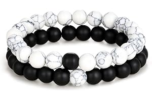 Edary Distanza Bracciale Nero Opaca Agata & Bianco Howlite Energia Naturale Perline di Pietra Braccialetto Set Amici Relazione Coppie Gioielli Donne Uomini