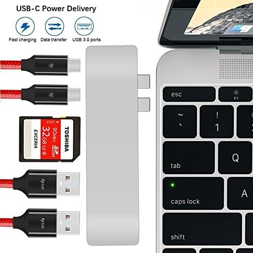 HuiHeng Dual USB-C Hub with Power Delivery, Aluminum USB Type C Adapter Pass Through Charging Type C Hub with 40Gbs Thunderbolt 3, SD/TF Card Reader and 2 USB 3.0 for New 13" or 15" MacBook Pro 2016 and 2017