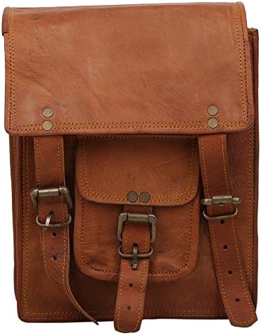 11 Inch Tall (23x29x10 cm) Tall Handcrafted Brown Genuine Leather Plain/Solid Pattern Vintage Designer Sling Bag With Back Zipper Closure and Front Buckle Strap Pocket