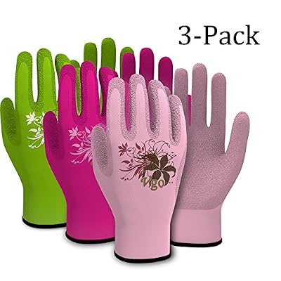 Vgo... Vgo Glove Gants de Travail et de Jardin, Femme, Revêtement en caoutchouc de mousse (3-Paires, Vert, Violet et Rose, 7/S, 8/M, 9/L)