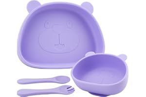 NOHLERLIFE Suction Baby Plate and Bowl Set with Fork Spoon, Silicone Baby Led Weaning Supplies for Toddler Self Feeding, BPA Free Dishwasher and Microwave Safe (Purple)