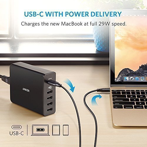 Anker PowerPort+ 5 Premium 5-Port 60W USB Type C Ladegerät USB-C mit Power Delivery für Apple MacBook, Nexus 5X / 6P und PowerIQ Technologie für iPhone 7 6 5, iPad, Samsung & Weitere - 2